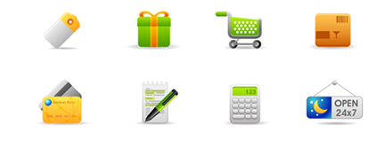 icons representing a shopping cart, open 24/7, credit card processing, shipping and inventory management