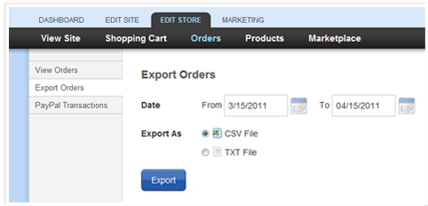 screenshot of a page where you can bulk export your orders to csv or txt file for a date range of your choosing