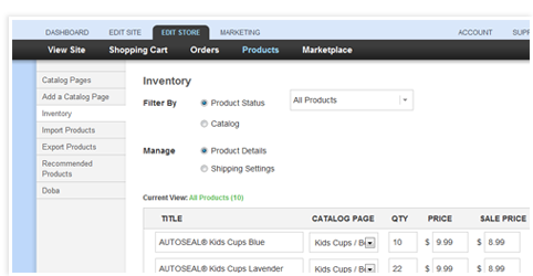 inventory management page to easily update the title, page, quantity, price and sale price for all products in one listing